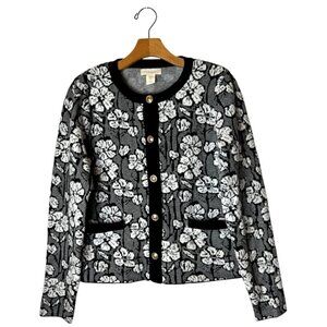 Cynthia Rowley Sweater Women‎ Medium Black White Knit Floral Print Cardigan